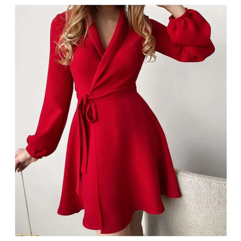 Women Summer Style One-piece Color Blocked Lace Up Dress With V-neck Long Sleeved High Waisted Lace Up Retro Floral Short Skirt