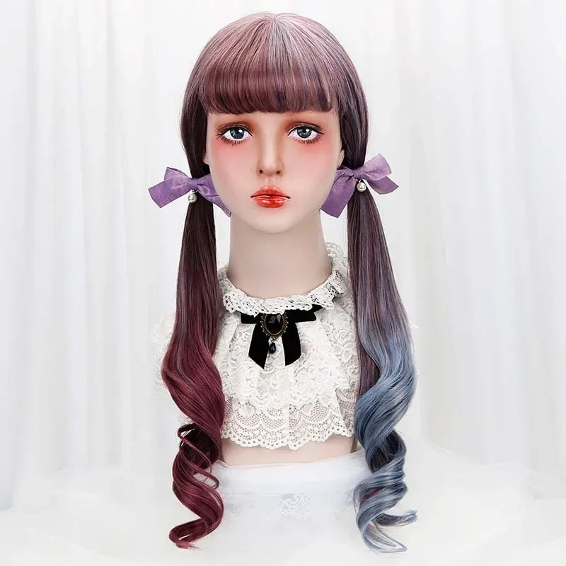 28''Synthetic Long Wavy Lolita Wigs With Bangs Purple Blue Ombre Custom Party Cosplay Wigs For Black/White Women Heat Resistant