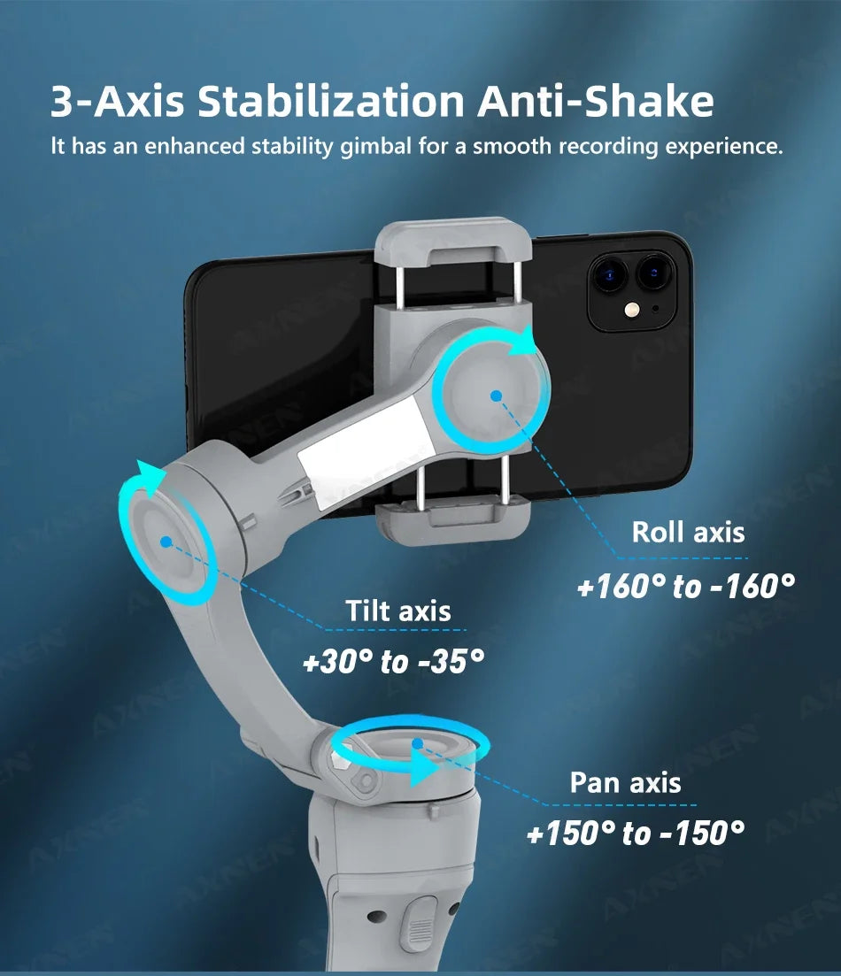 Handheld 3-Axis Smartphone Gimbal Stabilizer with Anti-Shake, Built-in Fill Light, Ideal for iPhone Android Vlogging and Tiktok