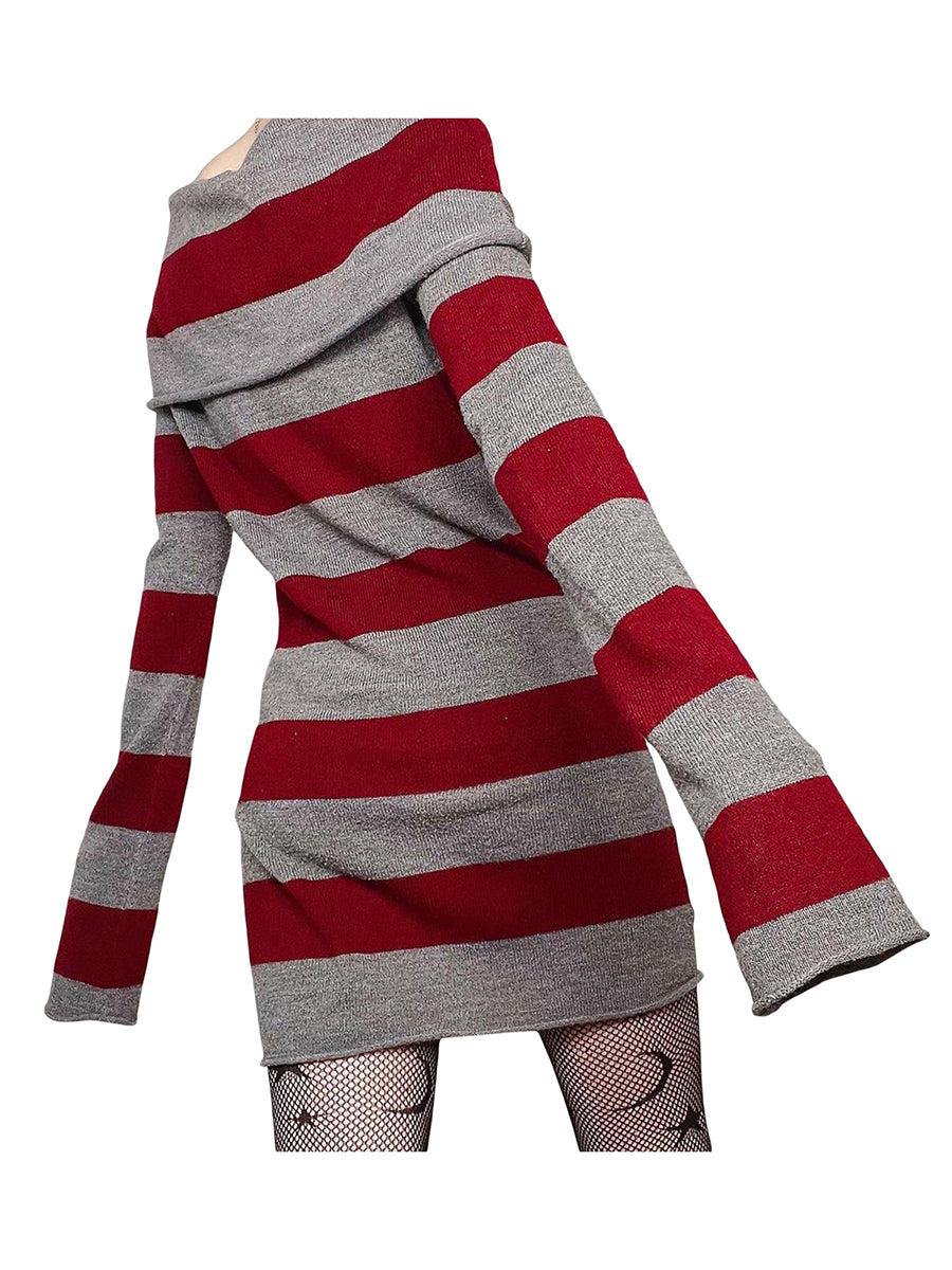 Women Y2K Knit Mini Dress Striped Long Sleeve Off Shoulder Bodycon Short Sweater Dress Trendy Night Club Streetwear