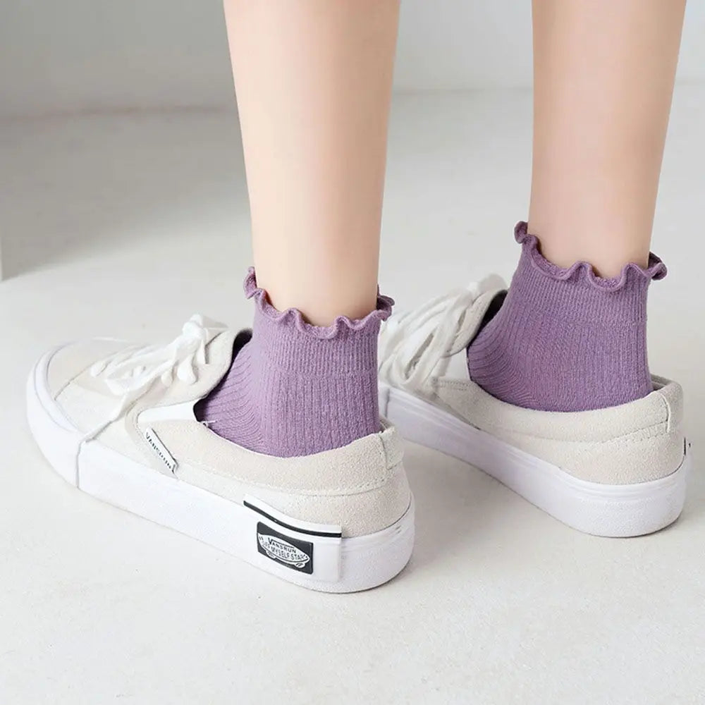 Cotton Women's Socks Frilly Ruffle Socks Spring Summer Casual Ankle Short Boat Socks Loose Knitting Solid Color Mid Tube Sock
