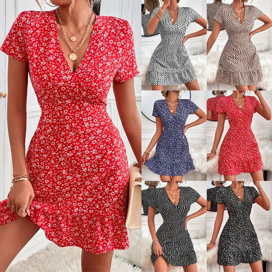 Summer Sexy Short Dress Women V Neck Slim Floral Print Mini Sundress Ladies Casual Boho Beach A-line Dress Vintage Vestidos