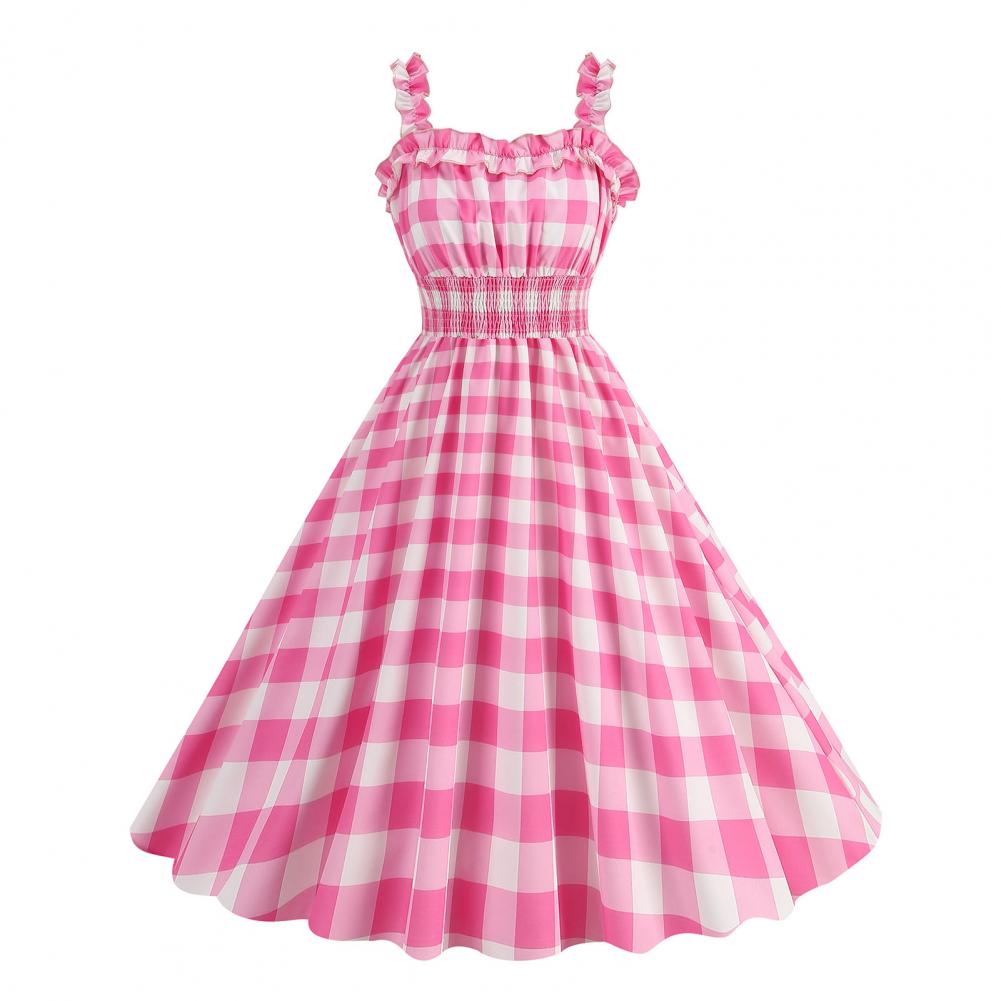 Women Vintage Barbiee Pink Plaid Dress Retro Rockabilly Strap Suspenders Cocktail Party 1950s 40s Swing Dress Summer Dresses
