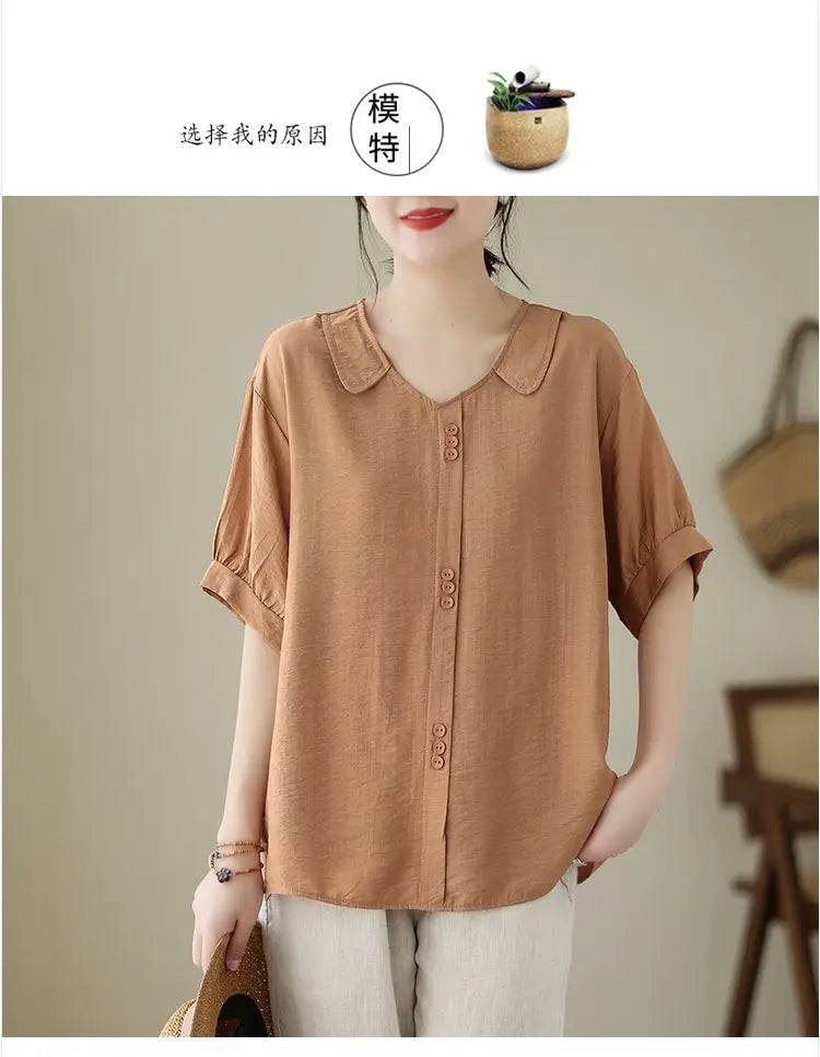 Women Summer Simplicity Loose Large Size Elegant Cotton and Linen Short Sleeve T-Shirt Women Clothes Casual Appear Thin Top Tee