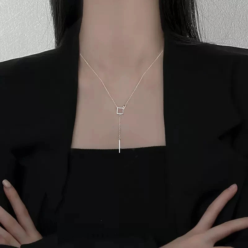 925 Sterling Silver Geometric Square Necklace with Straight Tassel Long Collar Chain Neckchain Sweater Chain Wedding Jewelry