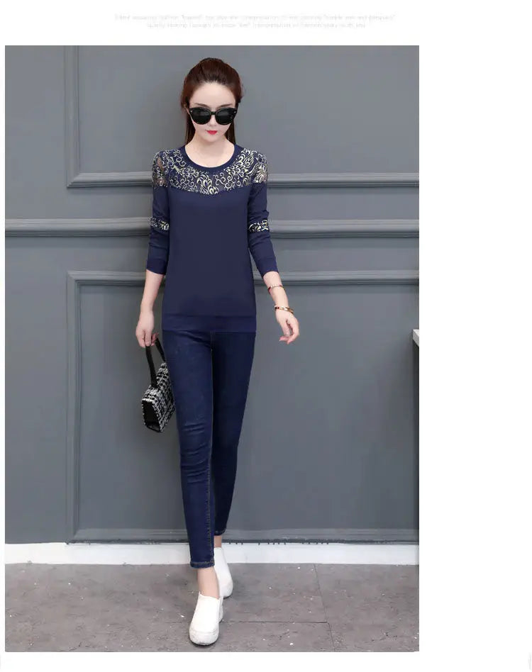 O-Neck Dark Blue Pure Cotton Long Sleeve Hollow Out Top Tee Gold Stripe Pattern Street Leisure Style White Plaid T-Shirts Ladies