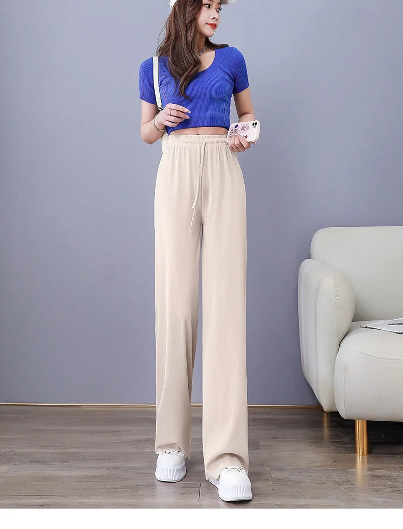 High Waist Women's Pants Ice Silk Woman Clothing Thin Youthful Woman Clothes Casual Korean Reviews Many Clothes Slim Loose Pants
