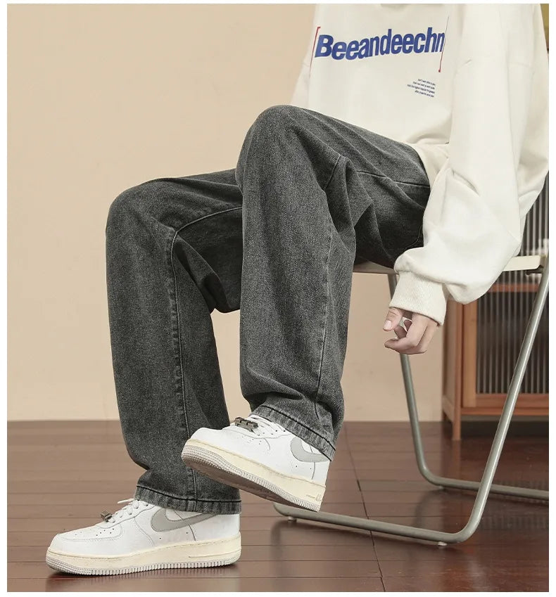 New Korean Fashion Men's Casual Ankle-Length Jeans Classic Man Straight Denim Wide-leg Pants Light Blue Grey Black 3XL