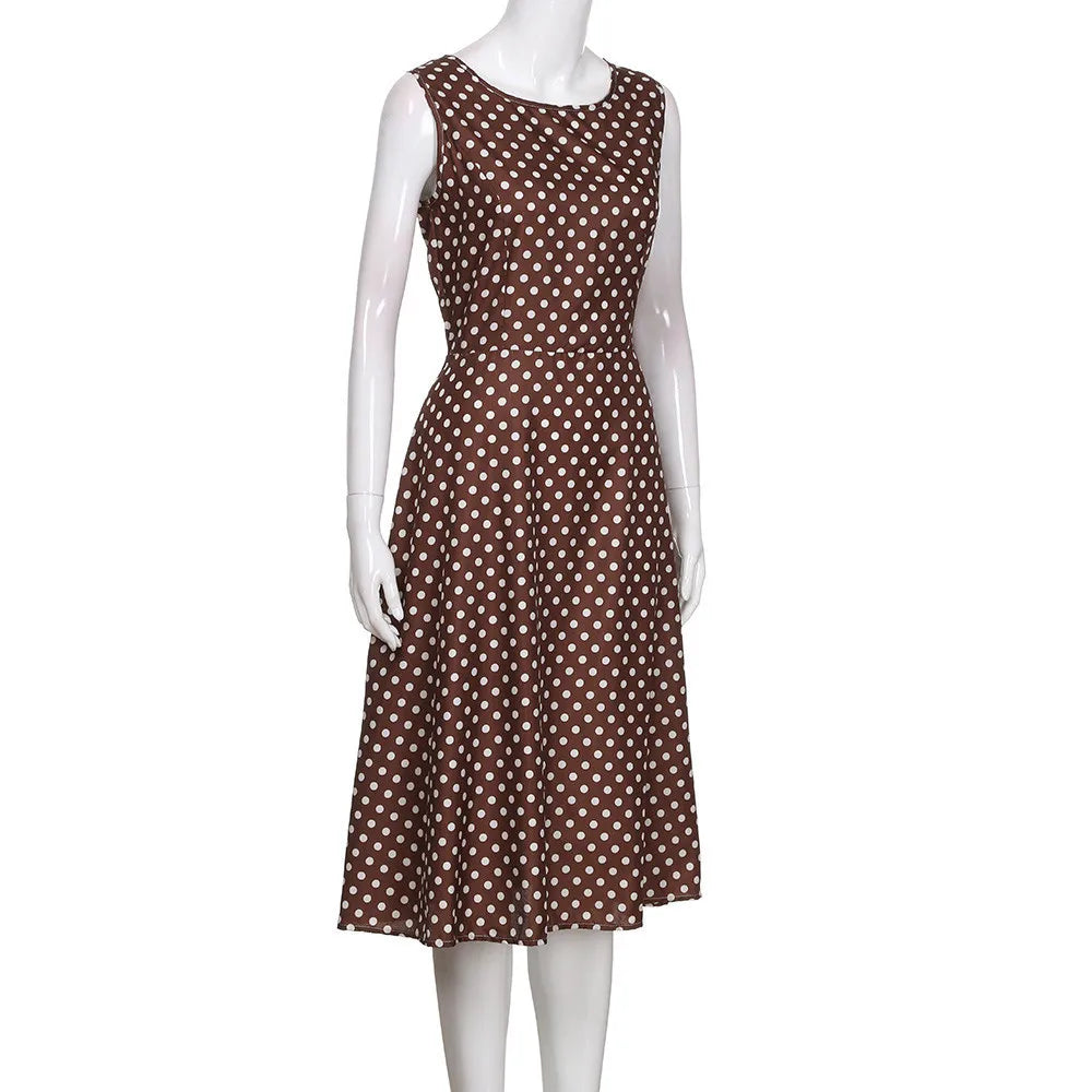 Vintage Dress Sleeveless O-neck Vestidos Women Elegant Thin Dot Printing Mid-Calf Casual Dress Female 2023 Summer New