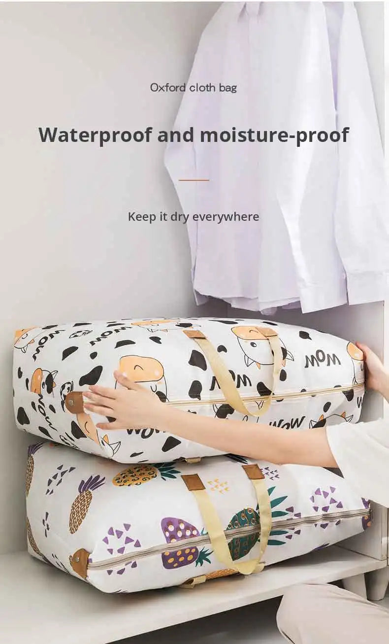 1pc Print Zipper Quilt Storage Bag Zipper Large Capacity Packing Bag Double Handle Moisture-proof Clothes Quilt Storage Bag