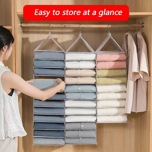 Home wardrobe storage, hanging bags, pants, layered hanging clothes, separated and organized items, fabric storage rack