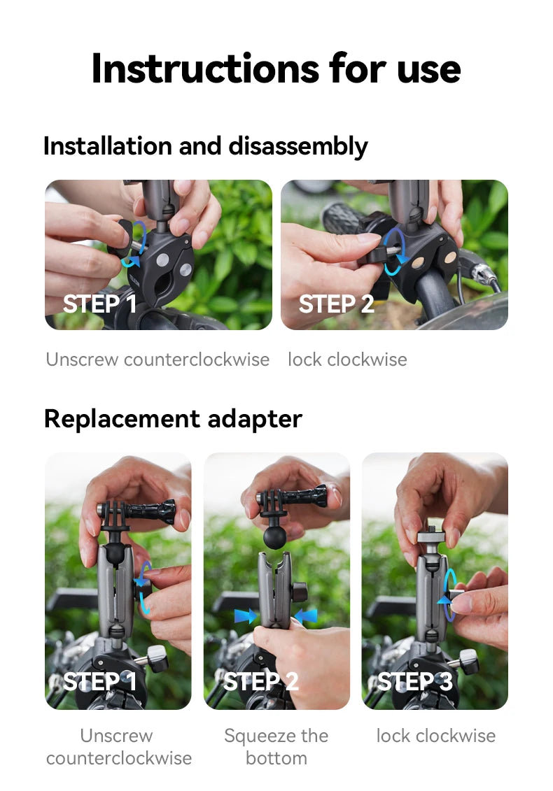 TELESIN Cycling Motorcycle Clip Magic Arm 360° Aluminum Alloy Super Clamp 1/4" Hole For Camera GoPro Mobile Phone Action Camera