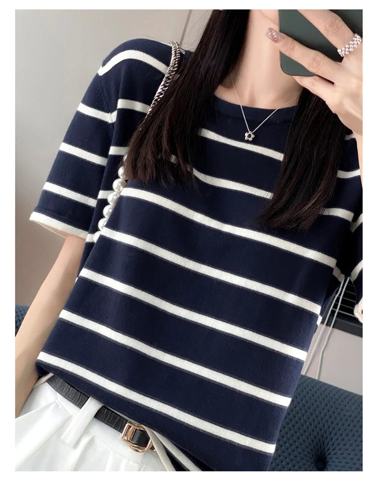 RONGYI Spring And Summer 100% Cotton Women's O-Neck Pullover Short Sleeve T-Shirt Striped Knitting Fashion Casual Spacious Top