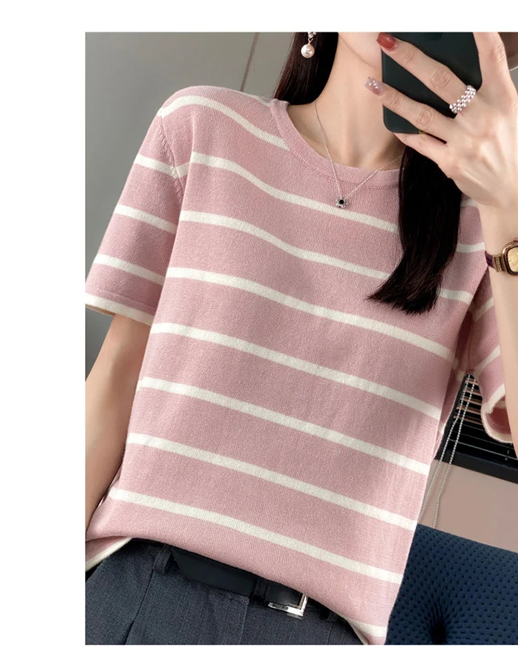 RONGYI Spring And Summer 100% Cotton Women's O-Neck Pullover Short Sleeve T-Shirt Striped Knitting Fashion Casual Spacious Top