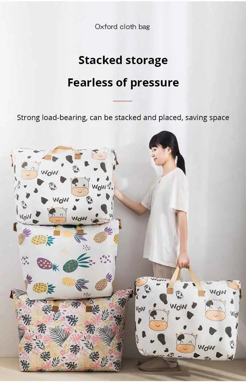 1pc Print Zipper Quilt Storage Bag Zipper Large Capacity Packing Bag Double Handle Moisture-proof Clothes Quilt Storage Bag