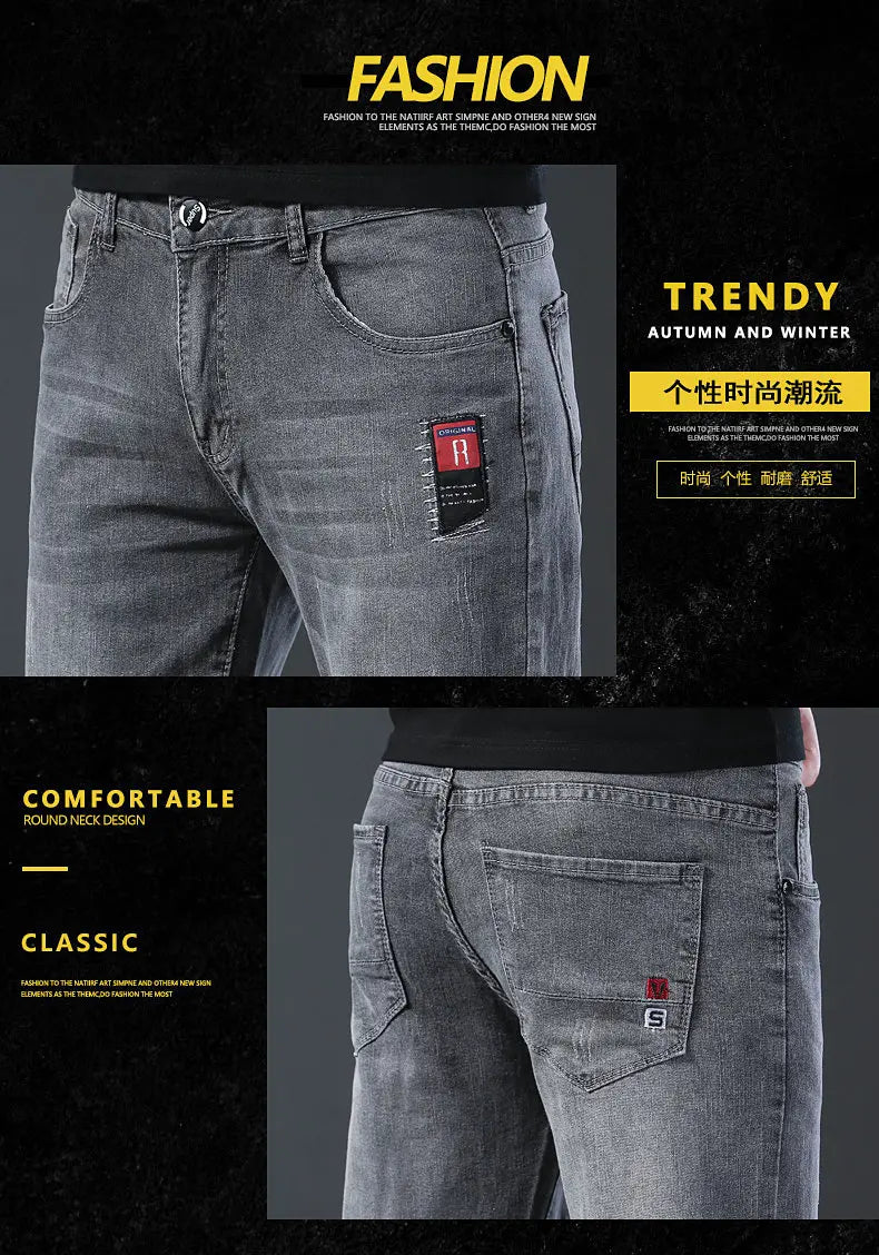 2024 New Fashion Jeans Men Korean Style Straight Grey Middle  Waist Pants Male Casual Denim Trousers