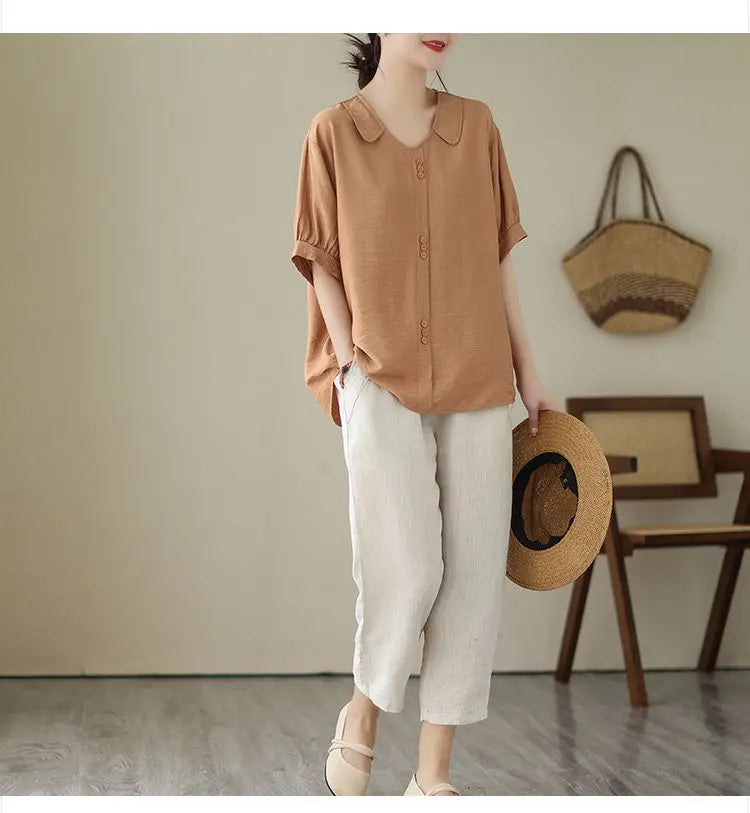 Women Summer Simplicity Loose Large Size Elegant Cotton and Linen Short Sleeve T-Shirt Women Clothes Casual Appear Thin Top Tee