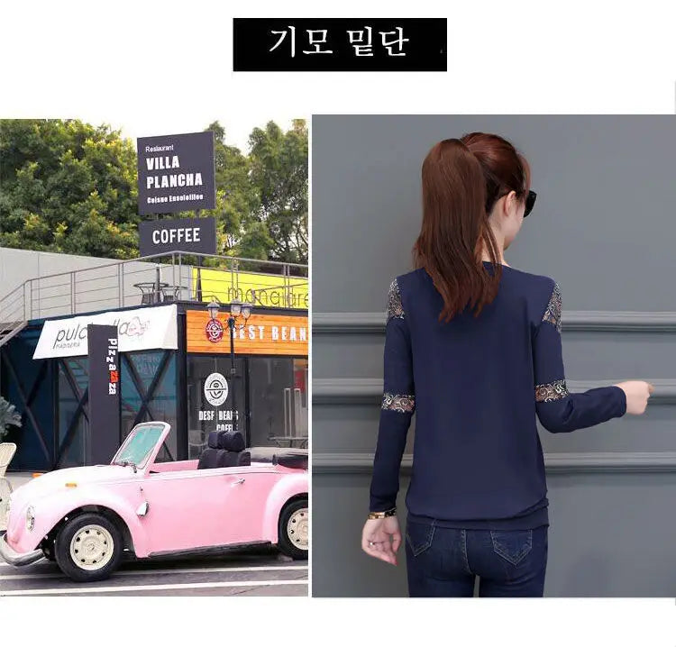 O-Neck Dark Blue Pure Cotton Long Sleeve Hollow Out Top Tee Gold Stripe Pattern Street Leisure Style White Plaid T-Shirts Ladies
