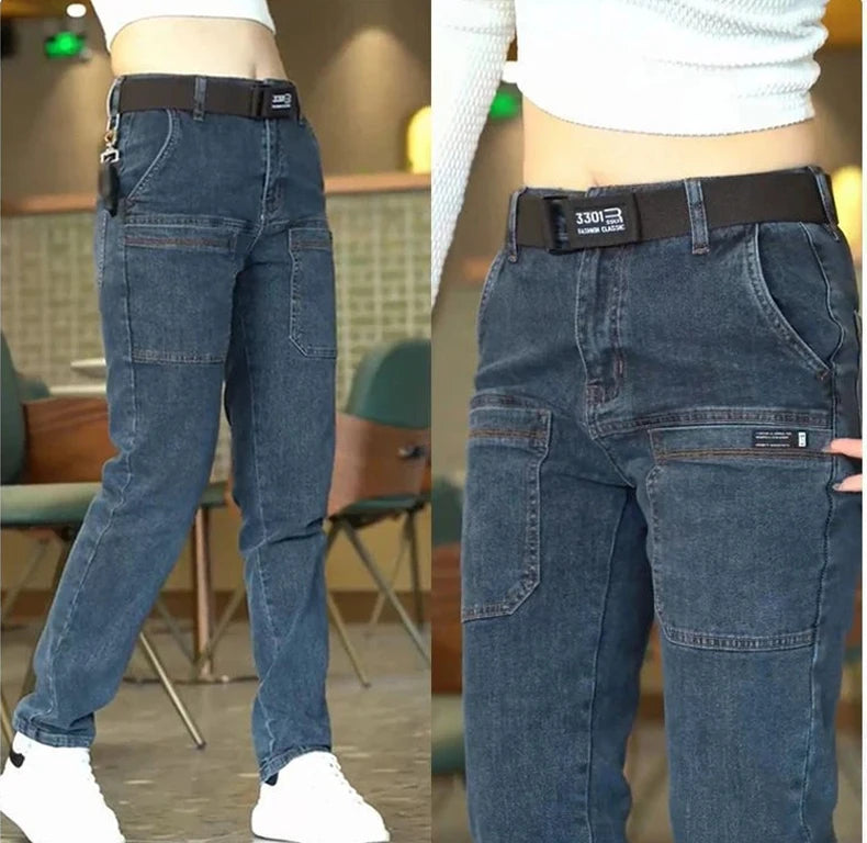 2024 New Brand Mens Casual Multiple Pockets Jeans Mid-Waist Elastic Straight Denim Trousers Versatile Loose Personality Pants