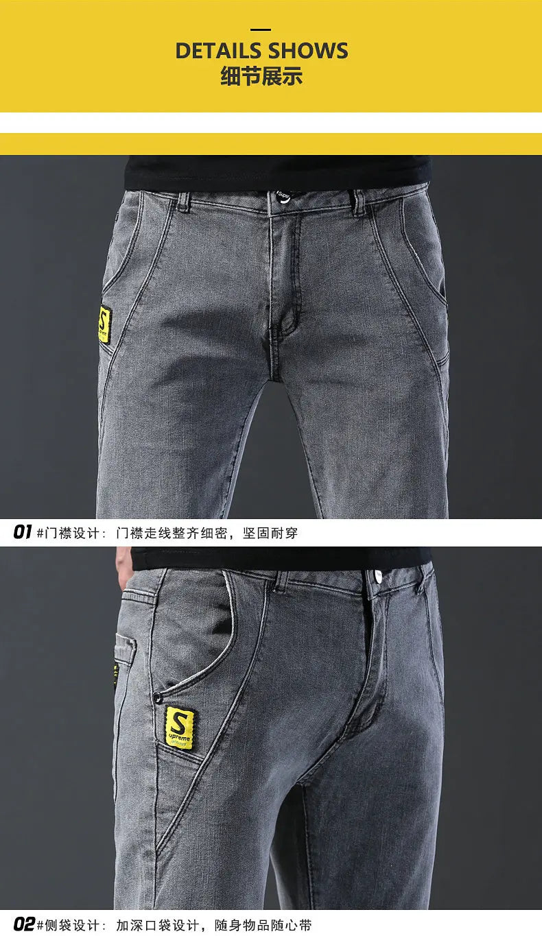 2024 New Fashion Jeans Men Korean Style Straight Grey Middle  Waist Pants Male Casual Denim Trousers