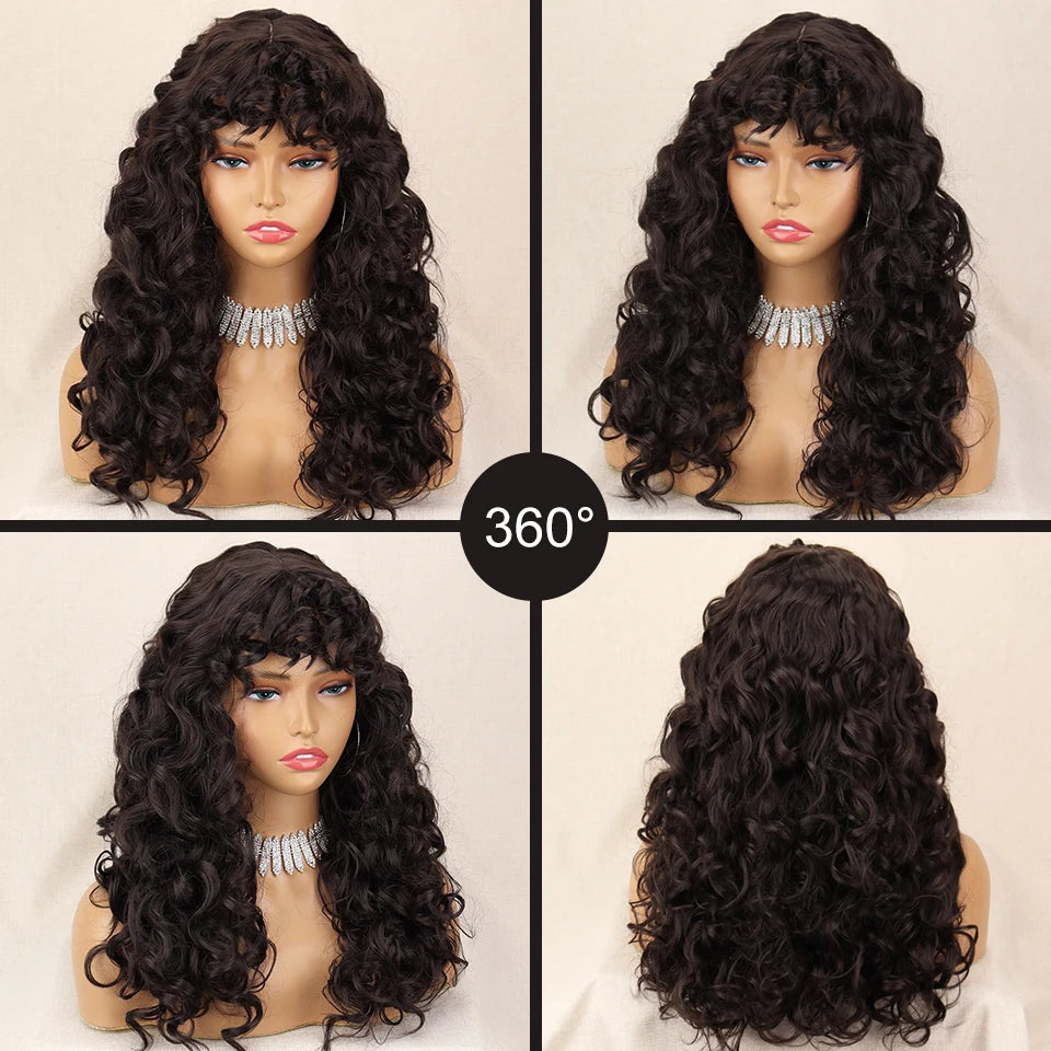 23 Inch Brown Curly Wig with Bangs Long Vintage Hairstyle with Curly Fringe Synthetic Wig for Women Daily Use Party