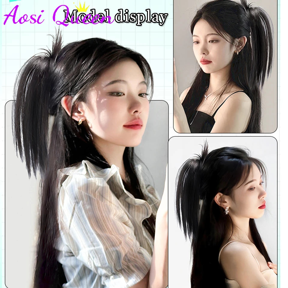 AOSI Synthetic Ponytail Wig Female Long Hair Waterfall Half Stuck High Horsetail Heightened Cranial Top Grasping Clip Wig