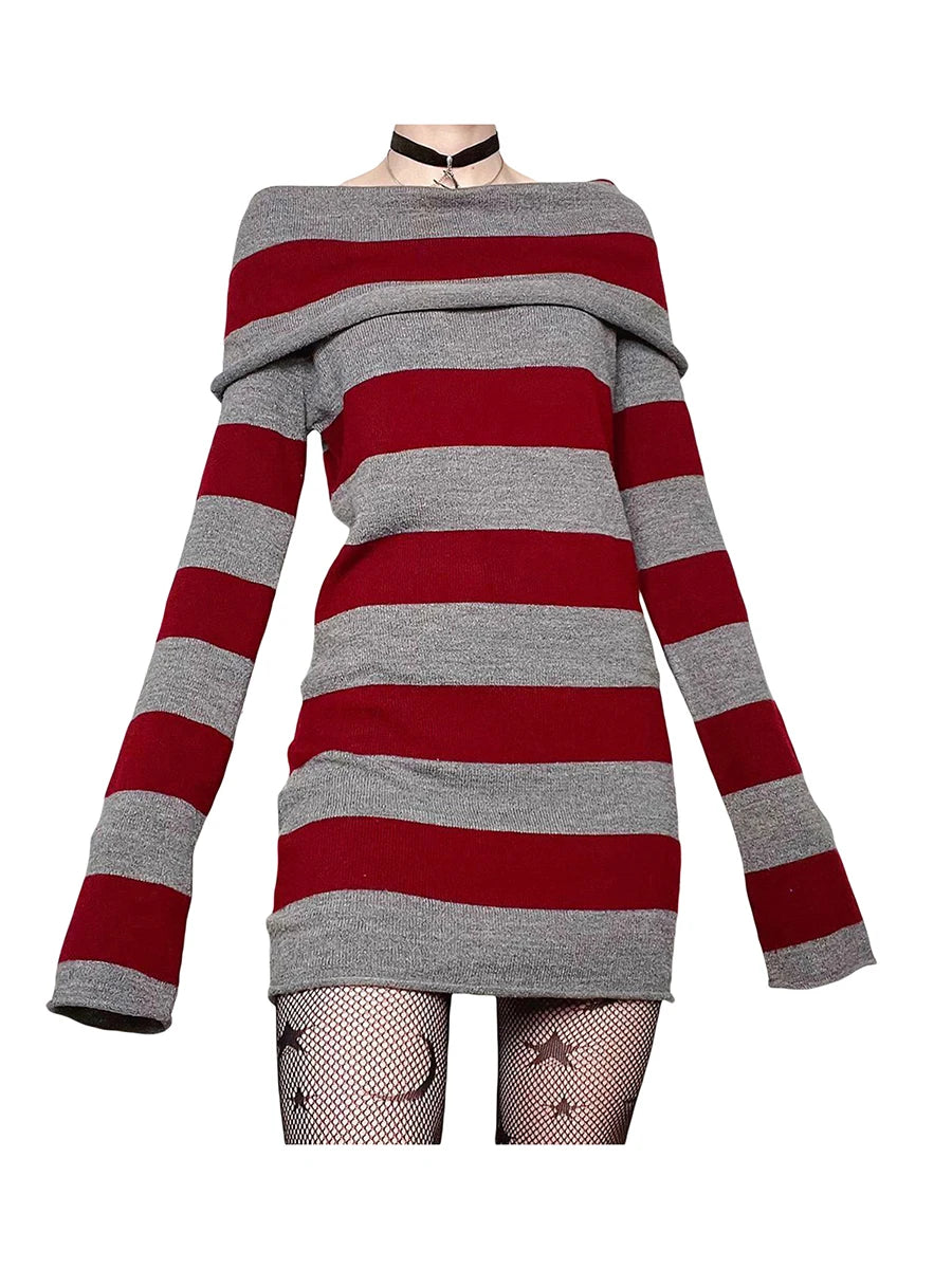 Women Y2K Knit Mini Dress Striped Long Sleeve Off Shoulder Bodycon Short Sweater Dress Trendy Night Club Streetwear