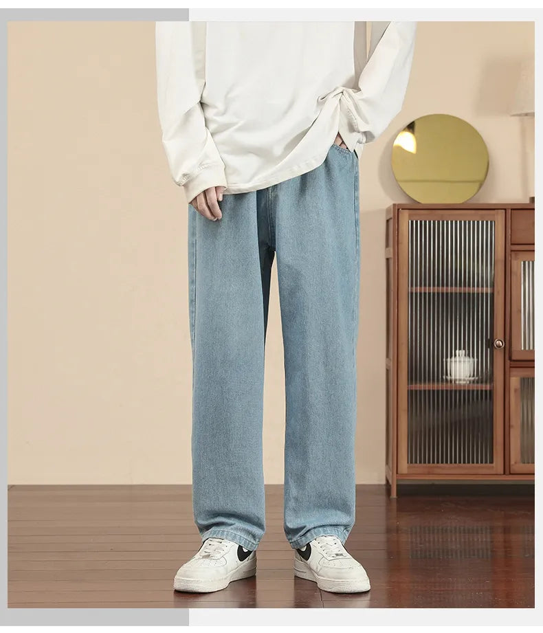 New Korean Fashion Men's Casual Ankle-Length Jeans Classic Man Straight Denim Wide-leg Pants Light Blue Grey Black 3XL