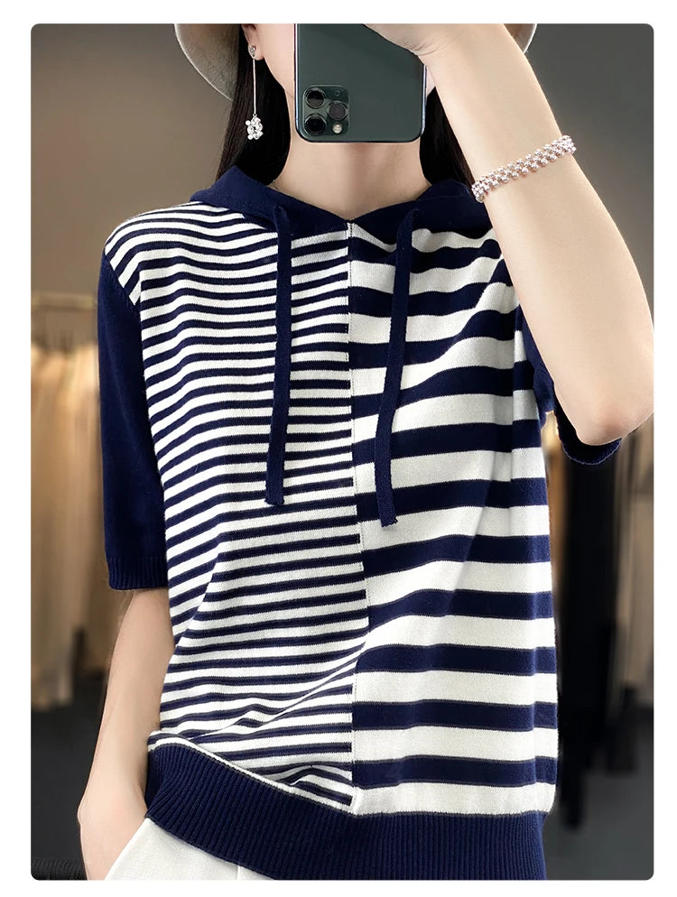 Summer New 100% Cotton Women's T-shirt Short Sleeve Loose Contrast Hooded Collar Pullover Casual Fashion Knitted T-shirt Top
