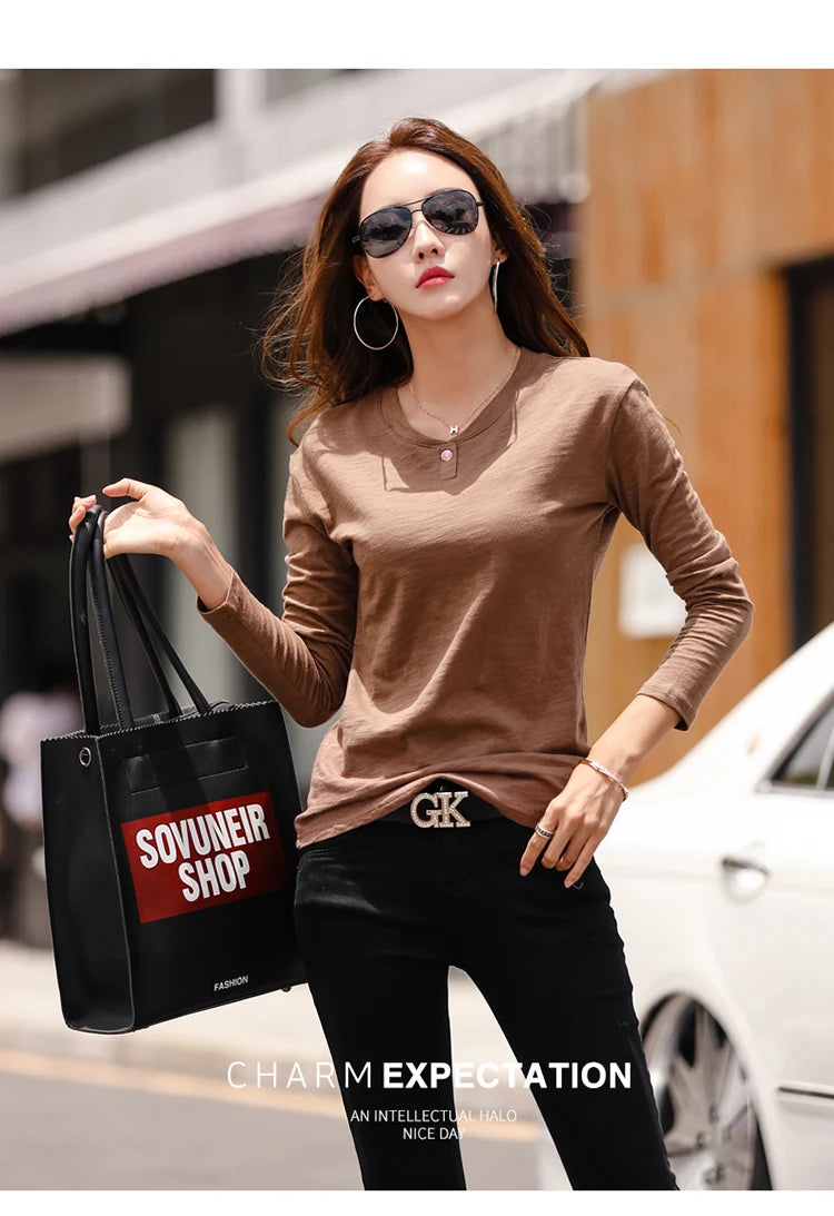2024 Long Sleeve Spring Women Slub Cotton T Shirts Female Button Green V-Neck Solid Color T-shirt Coffee Korean Soft Loose Tops