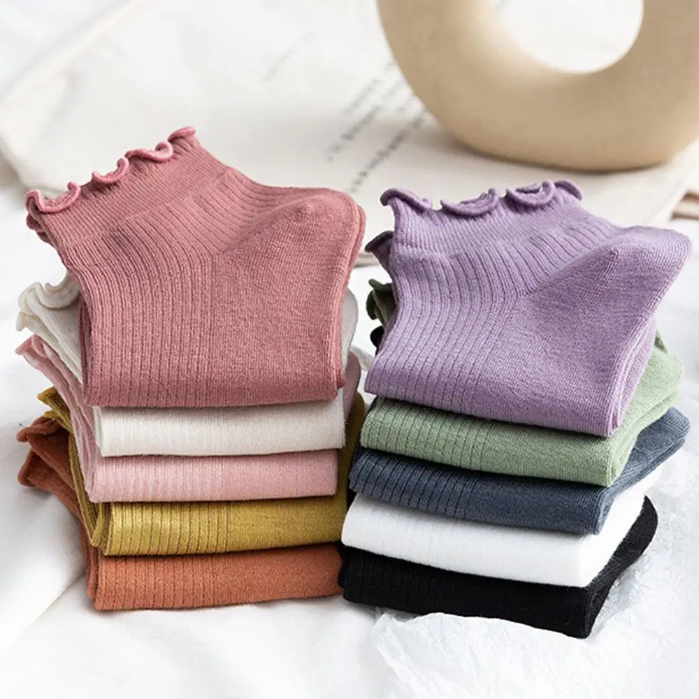 Cotton Women's Socks Frilly Ruffle Socks Spring Summer Casual Ankle Short Boat Socks Loose Knitting Solid Color Mid Tube Sock
