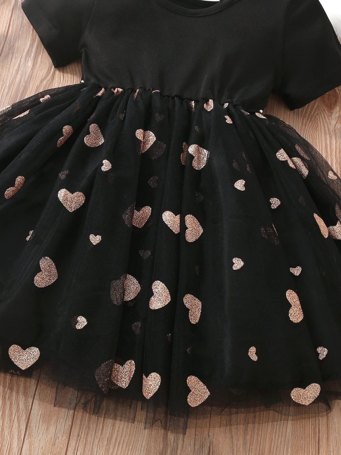 Summer New Product For Primary And Secondary School Children, Sweet And Cute Girls, Spliced Love Mesh Short Sleeved Dress