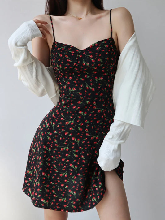 Bandage Summer Black Floral Short Dress 2024 Woman Sexy Clothes Suspenders Beach Vacation Sleeveless Backless Dresses for Women