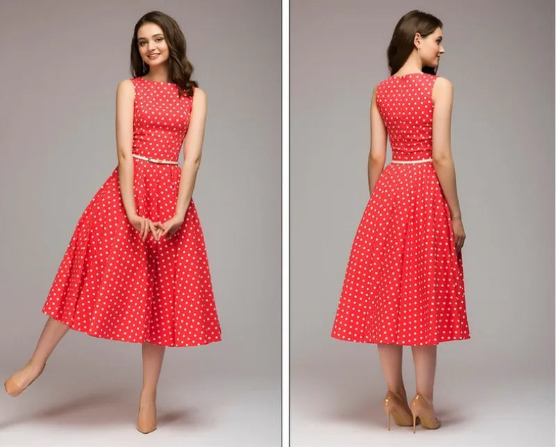 Vintage Dress Sleeveless O-neck Vestidos Women Elegant Thin Dot Printing Mid-Calf Casual Dress Female 2023 Summer New