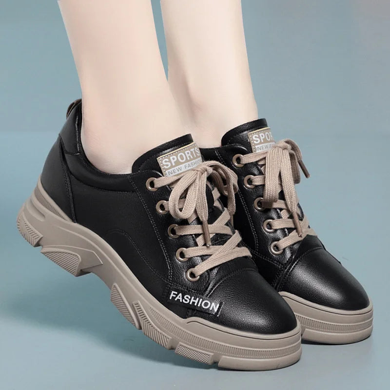 2024 Spring Non-slip Soft Leather Sneaker Trekking Footwear New Women's Thick-soled Lace-up Leisure Skateboard Sports Shoes