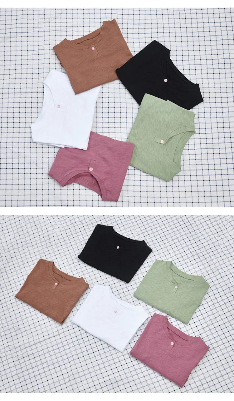 2024 Long Sleeve Spring Women Slub Cotton T Shirts Female Button Green V-Neck Solid Color T-shirt Coffee Korean Soft Loose Tops