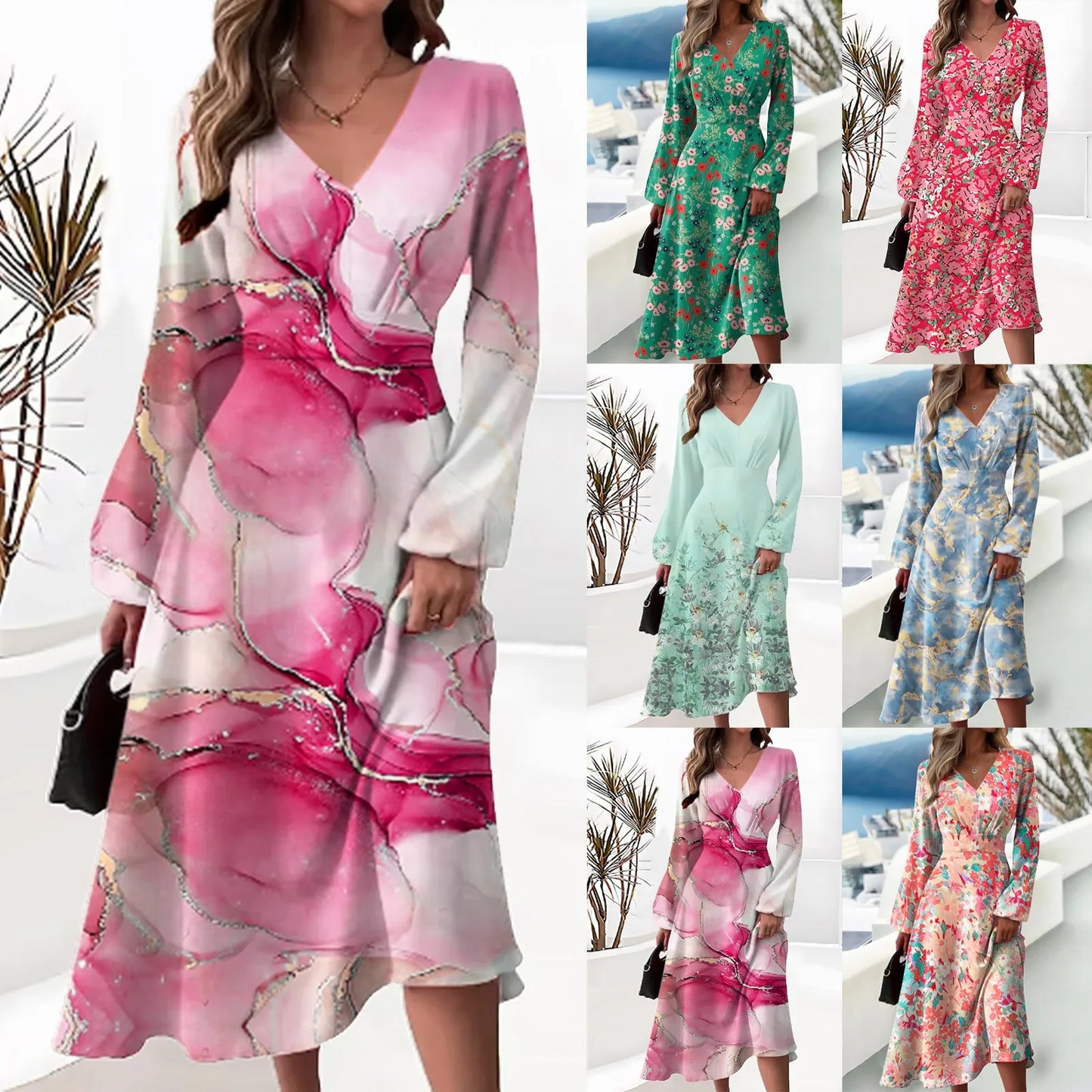 Women Print Dress Long Sleeve V Neck Casual Elegant Retro Fashion Slim Casual Ladies Spring Autumn Dresses Vestidos Clothing