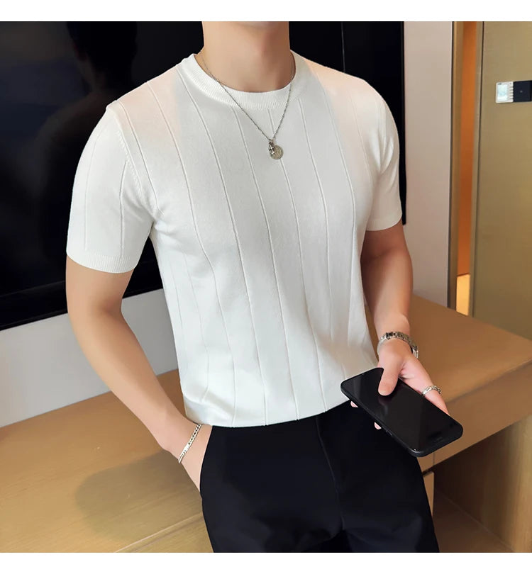 2024 New High Quality, Business Casual Men's Short-Sleeved O-neck Sweater, Daily Slim Fit T-shirt, Stretchable Striped Top M-3XL
