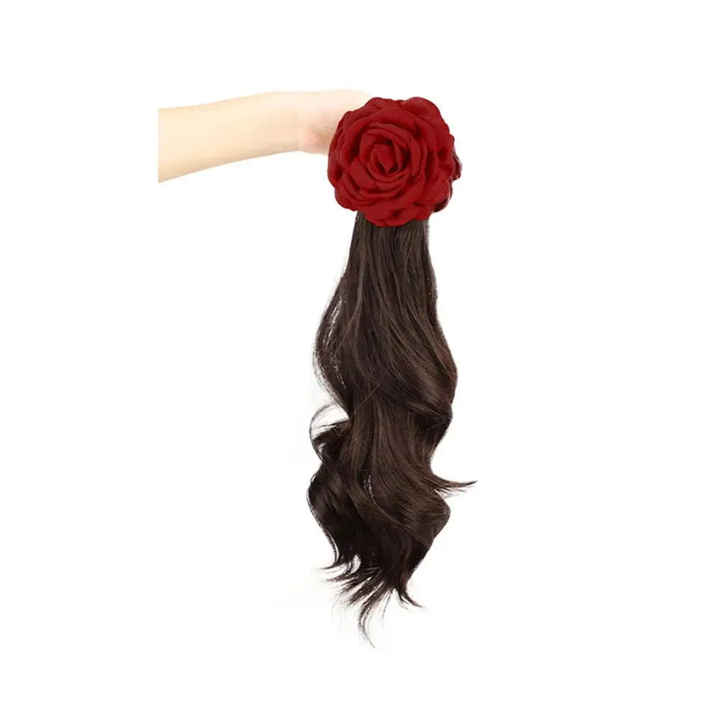 A Ponytail Wig For Women With Rose Hair Clips And High-temperature Silk Long Hair With Large Wave Ties And Ponytail Braids