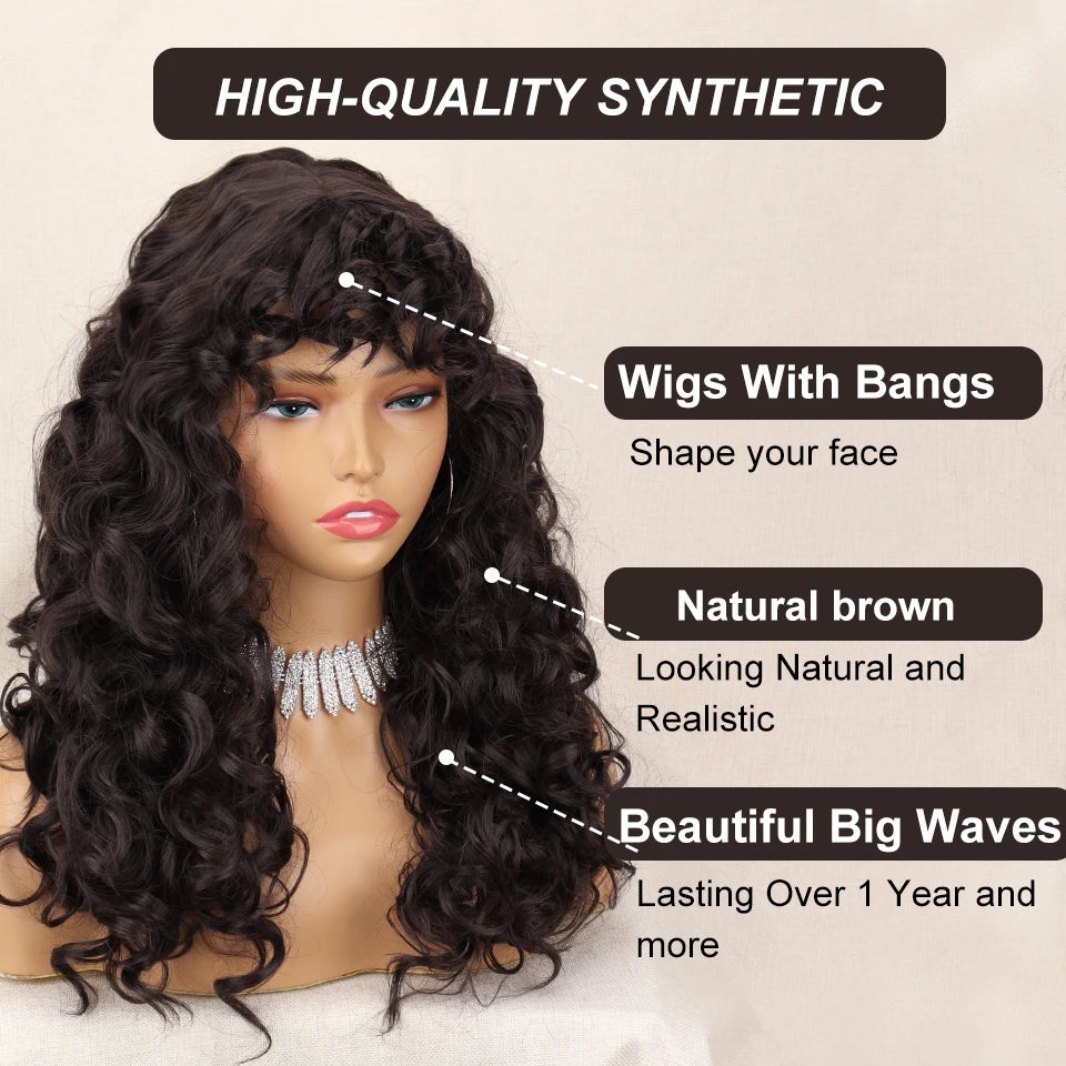 23 Inch Brown Curly Wig with Bangs Long Vintage Hairstyle with Curly Fringe Synthetic Wig for Women Daily Use Party