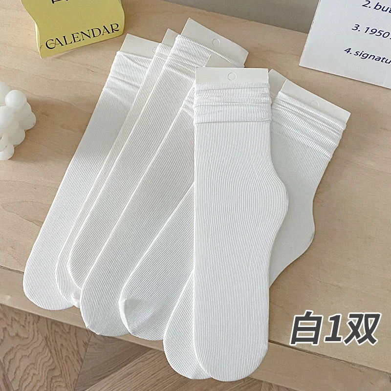 INS Women Girls Summer Thin Long Socks Ice Velvet Soft Breathable Pile of Socks Solid Black White Beige Harajuku High Tube Socks