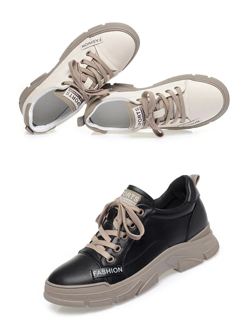 2024 Spring Non-slip Soft Leather Sneaker Trekking Footwear New Women's Thick-soled Lace-up Leisure Skateboard Sports Shoes