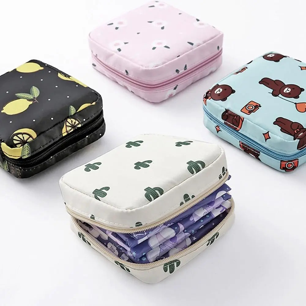 Tamper-Proof Sanitary Pad Tissue Bags Cartoon Change Coin Clip Towel Napkin Credit Card Holder Makeup Organizer Headphone Case