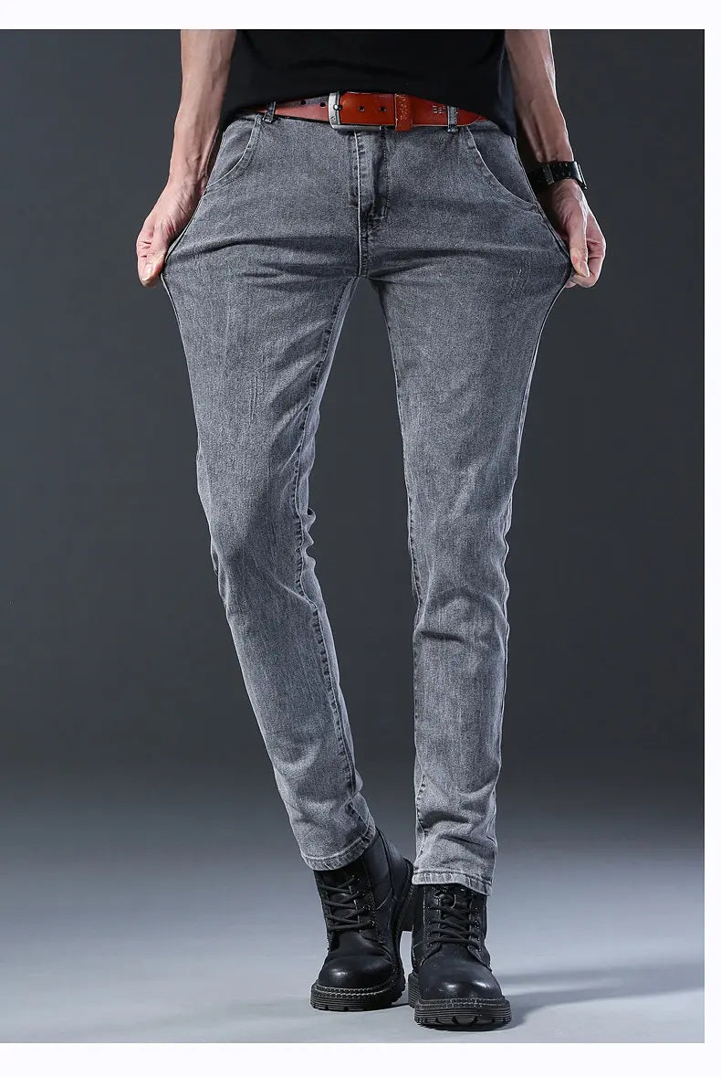 2024 New Fashion Jeans Men Korean Style Straight Grey Middle  Waist Pants Male Casual Denim Trousers