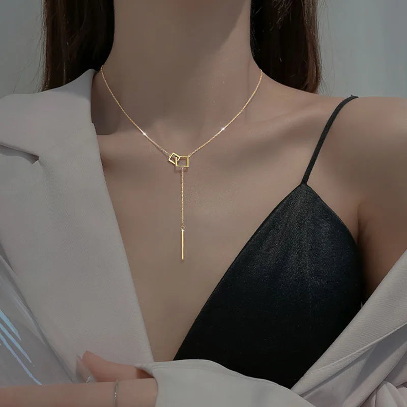925 Sterling Silver Geometric Square Necklace with Straight Tassel Long Collar Chain Neckchain Sweater Chain Wedding Jewelry