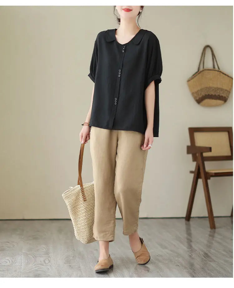 Women Summer Simplicity Loose Large Size Elegant Cotton and Linen Short Sleeve T-Shirt Women Clothes Casual Appear Thin Top Tee