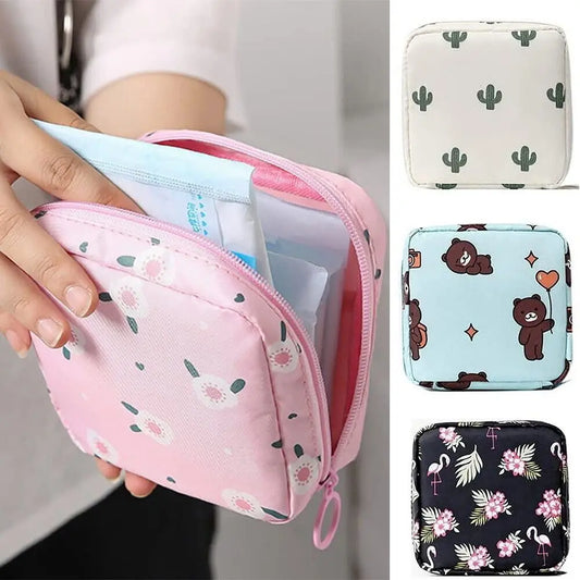 Tamper-Proof Sanitary Pad Tissue Bags Cartoon Change Coin Clip Towel Napkin Credit Card Holder Makeup Organizer Headphone Case