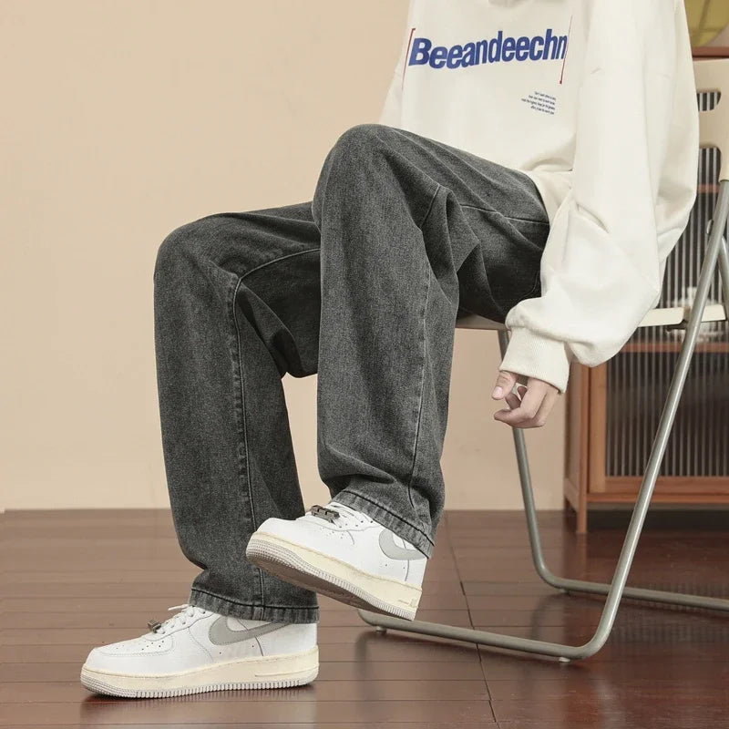 New Korean Fashion Men's Casual Ankle-Length Jeans Classic Man Straight Denim Wide-leg Pants Light Blue Grey Black 3XL