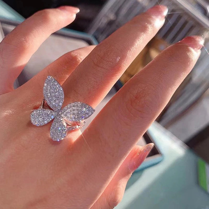 Huitan Bling Bling CZ Butterfly Rings for Women Silver Color Aesthetic Accessories Wedding Party Luxury Trendy Female Jewelry