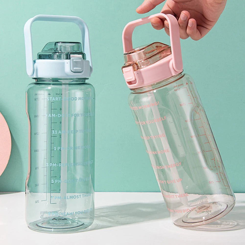 2 Liter Water Bottle With Time Marker Large Capacity Drinking Bottles Girls Portable Outdoor Fitness Sports Bottle With Straw